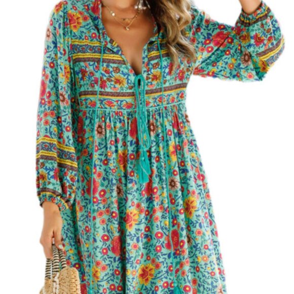 R. Vivimos Long Sleeve Floral Print Boho Midi Dress, NWT, Blue Green, L 12/14 - Picture 2 of 9
